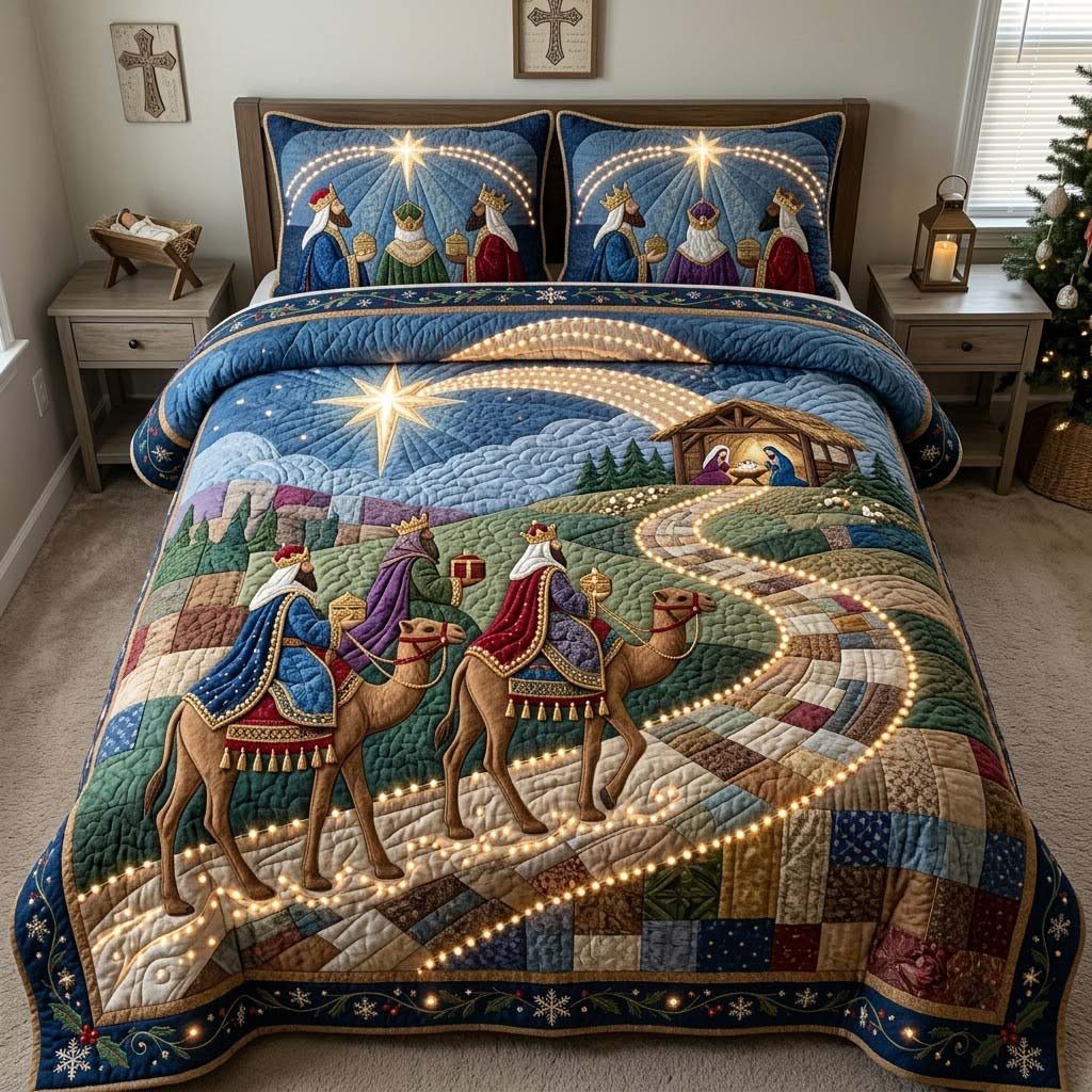 The Lightof Bethlehem quilted 3-piece bedding set on a made bed with two matching pillow shams