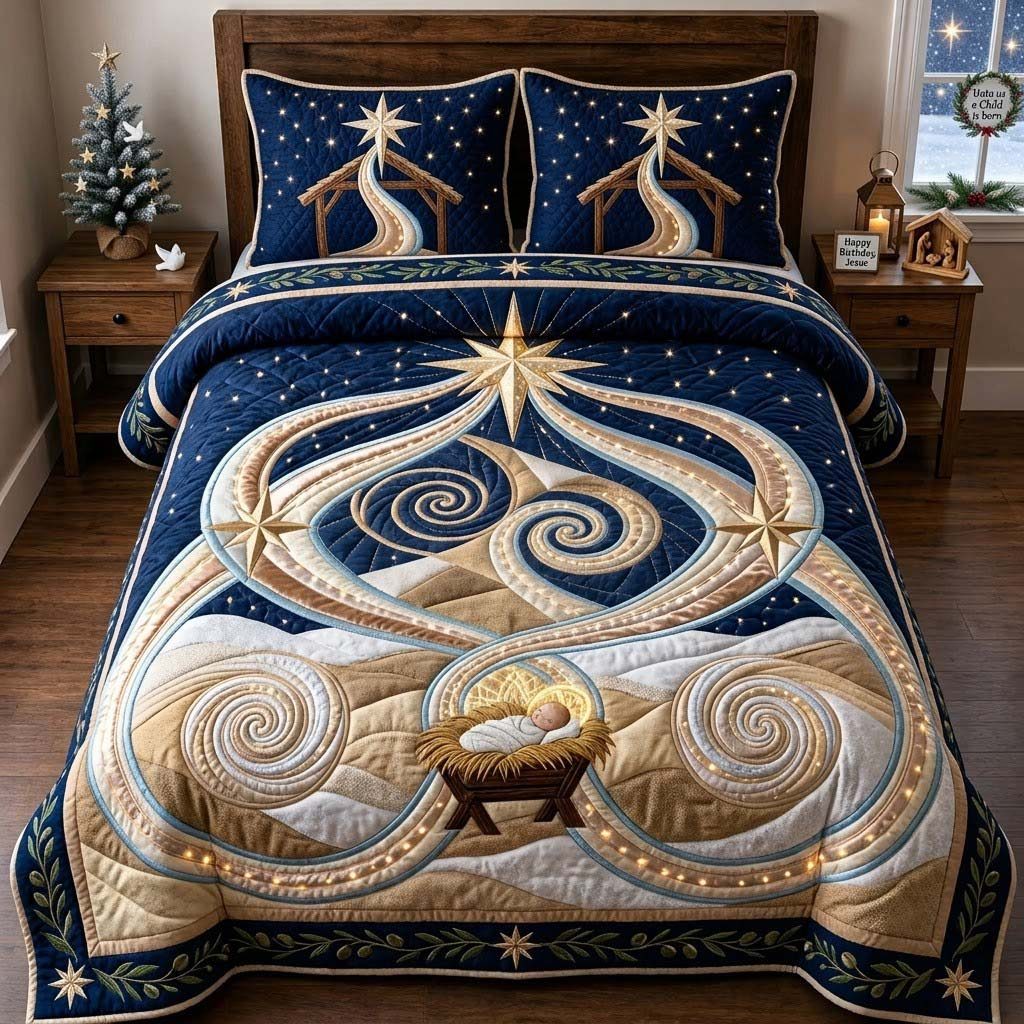 The Lightof Bethlehem quilted 3-piece bedding set on a made bed with two matching pillow shams