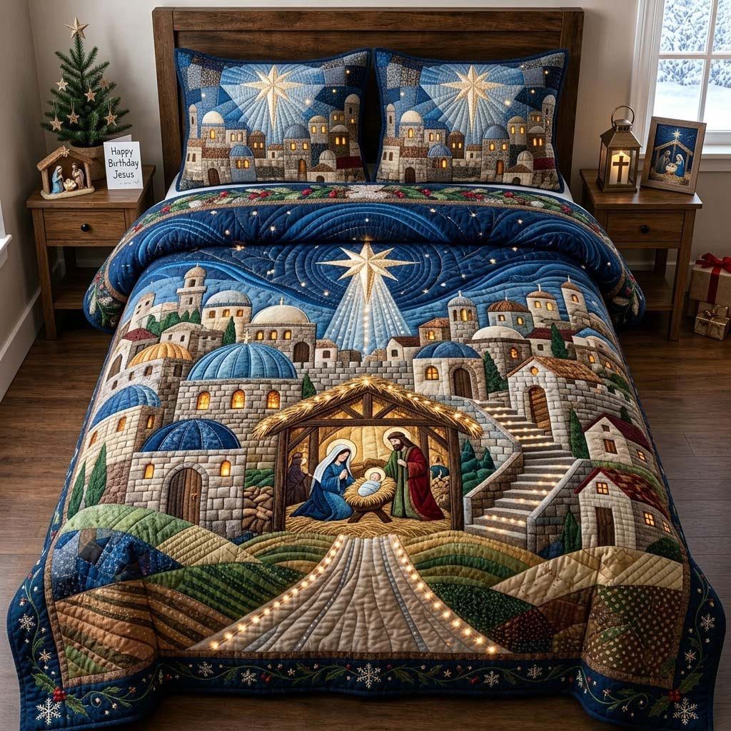 The Lightof Bethlehem quilted 3-piece bedding set on a made bed with two matching pillow shams