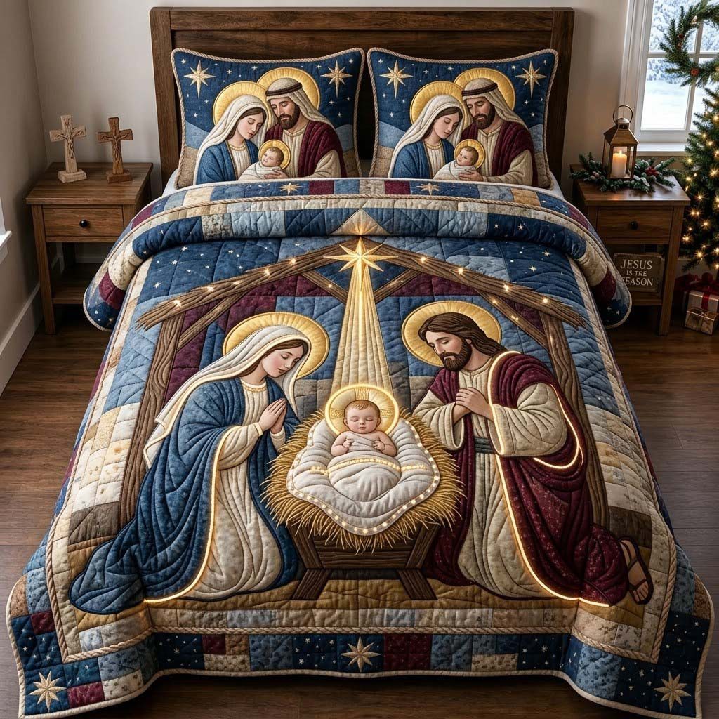 The Lightof Bethlehem quilted 3-piece bedding set on a made bed with two matching pillow shams