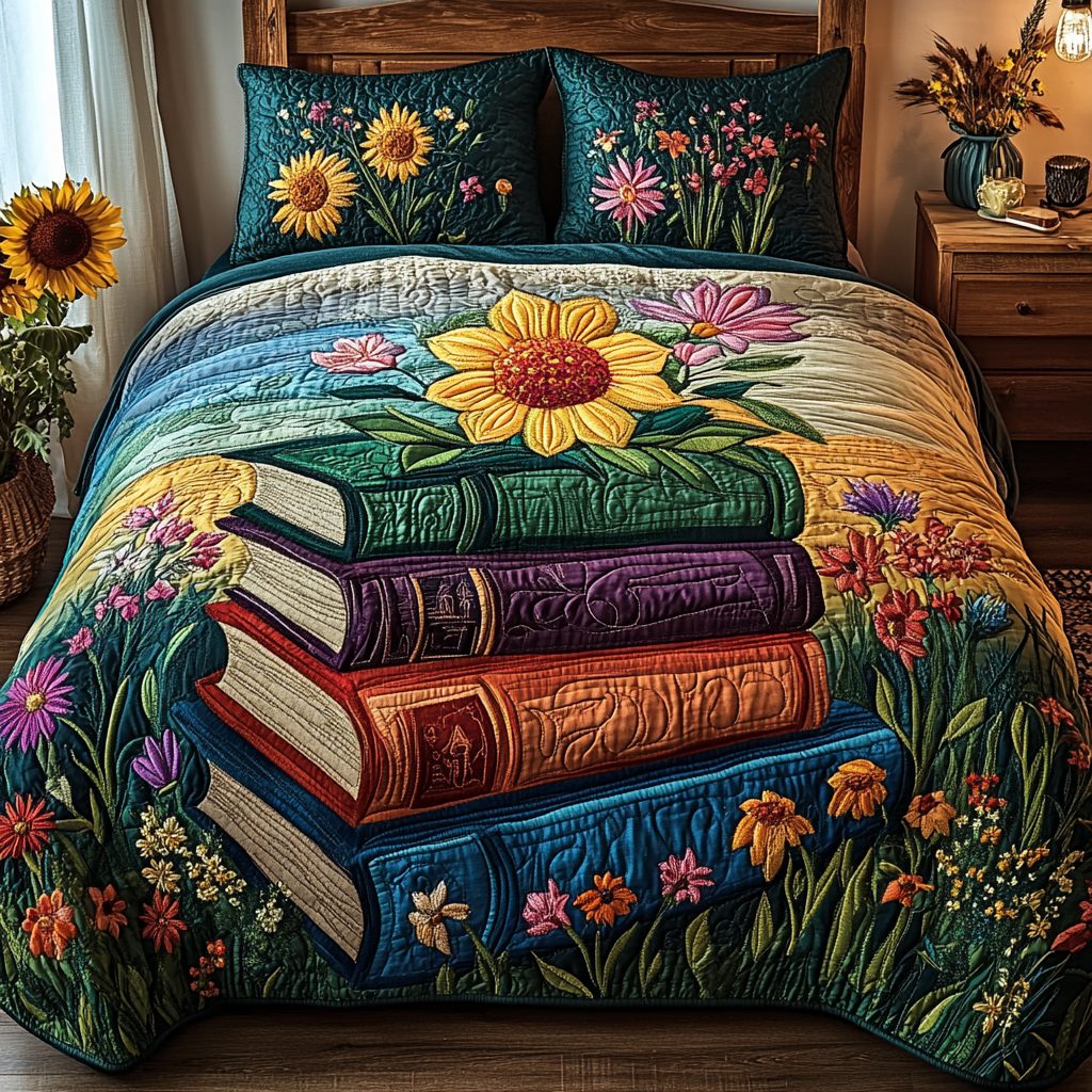 The Literary Escape quilted 3-piece bedding set on a made bed with two matching pillow shams