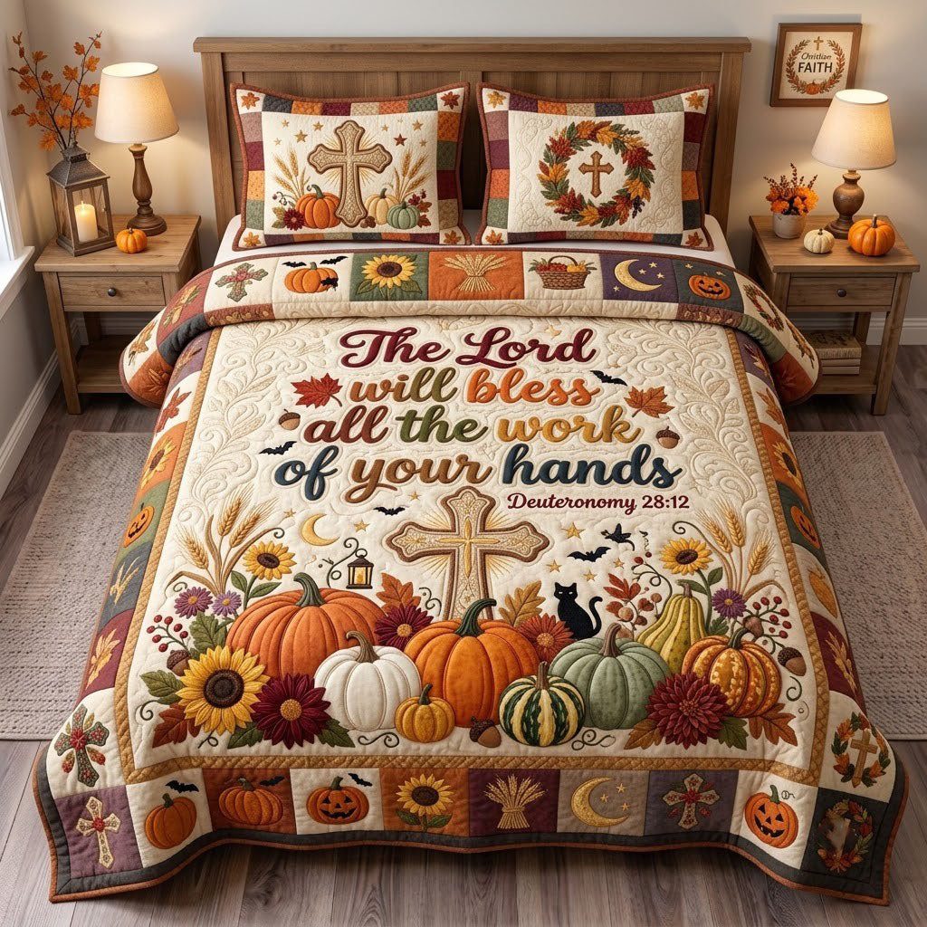 The Lord Will Bless quilted 3-piece bedding set on a made bed in a softly lit bedroom