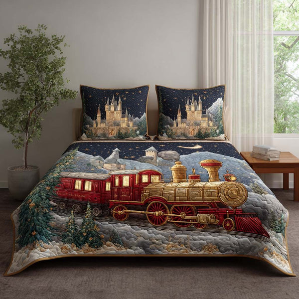 The Midnight Express quilted 3-piece bedding set on a made bed with two matching pillow shams
