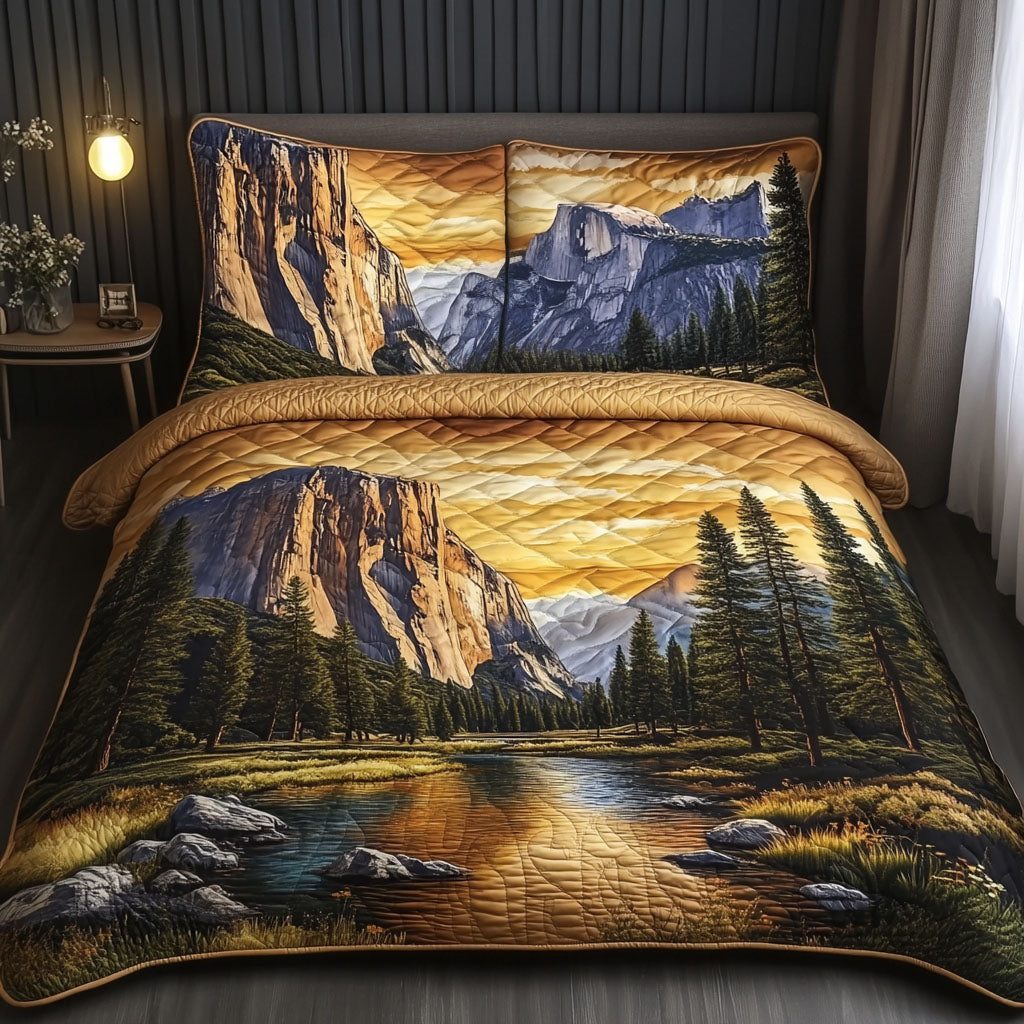 The Mighty El Capitan quilted 3-piece bedding set on a made bed with two matching pillow shams