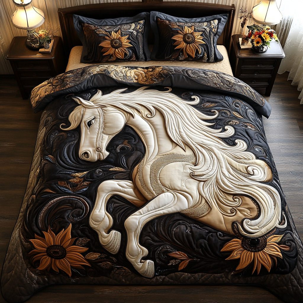The Noble Steed quilted 3-piece bedding set on a made bed with two matching pillow shams