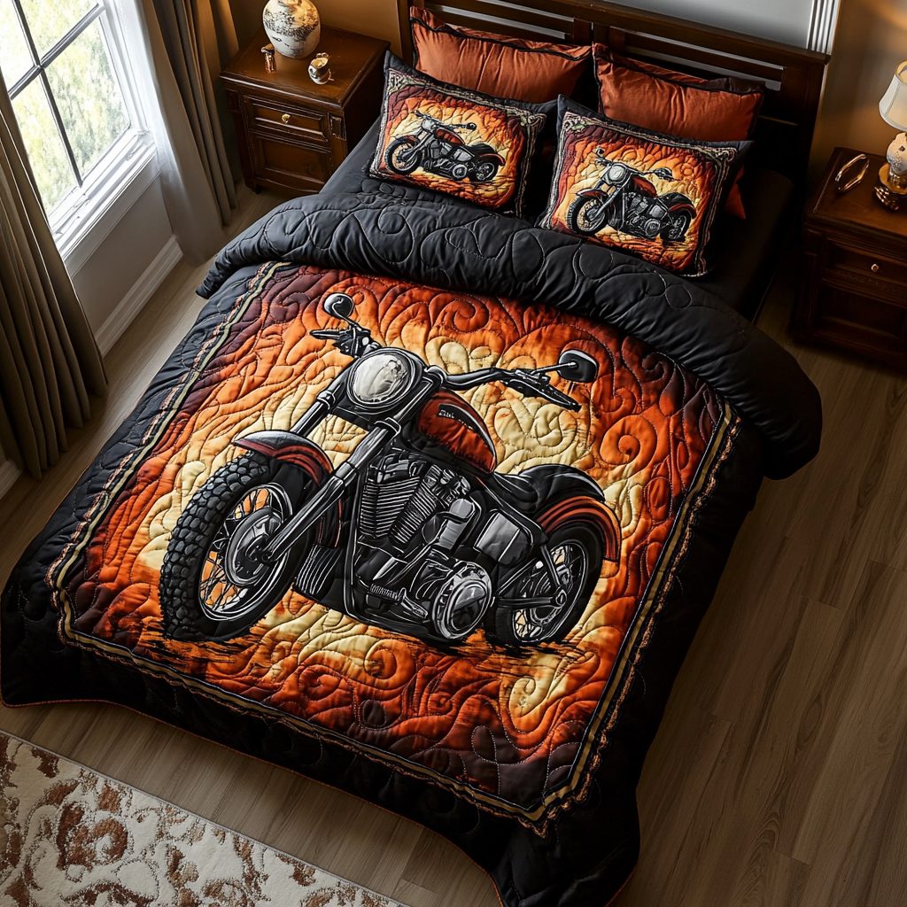 The Open Road quilted 3-piece bedding set on a made bed with two matching pillow shams