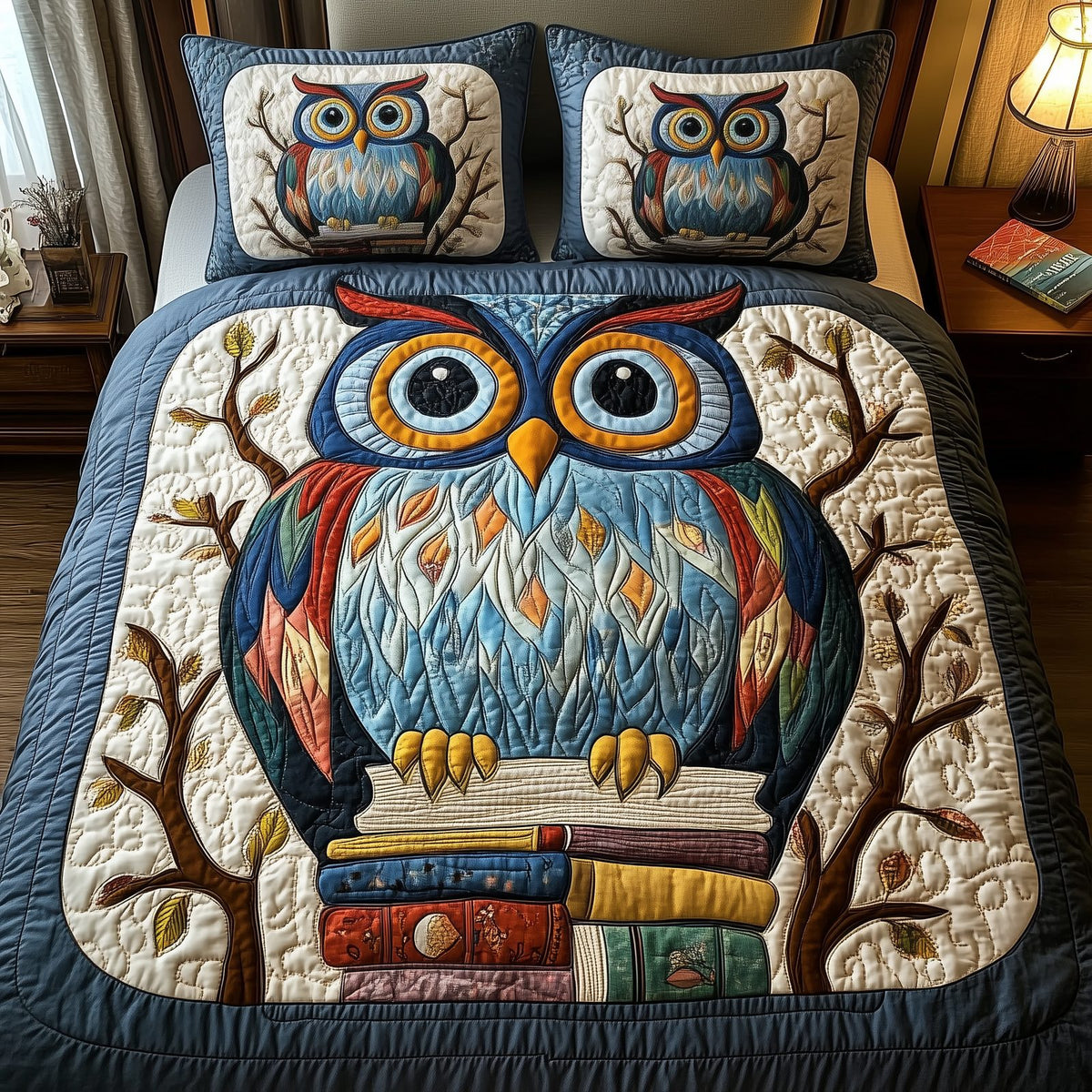 The Owlchemy quilted 3-piece bedding set on a made bed with two matching pillow shams