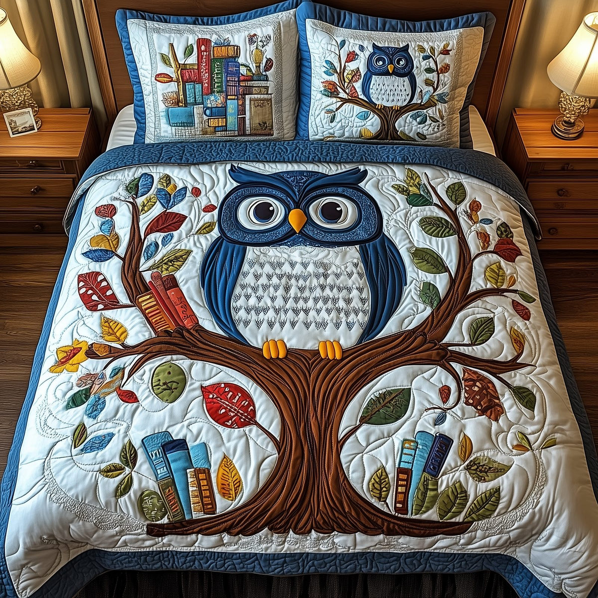 The Owlchemy quilted 3-piece bedding set on a made bed with two matching pillow shams