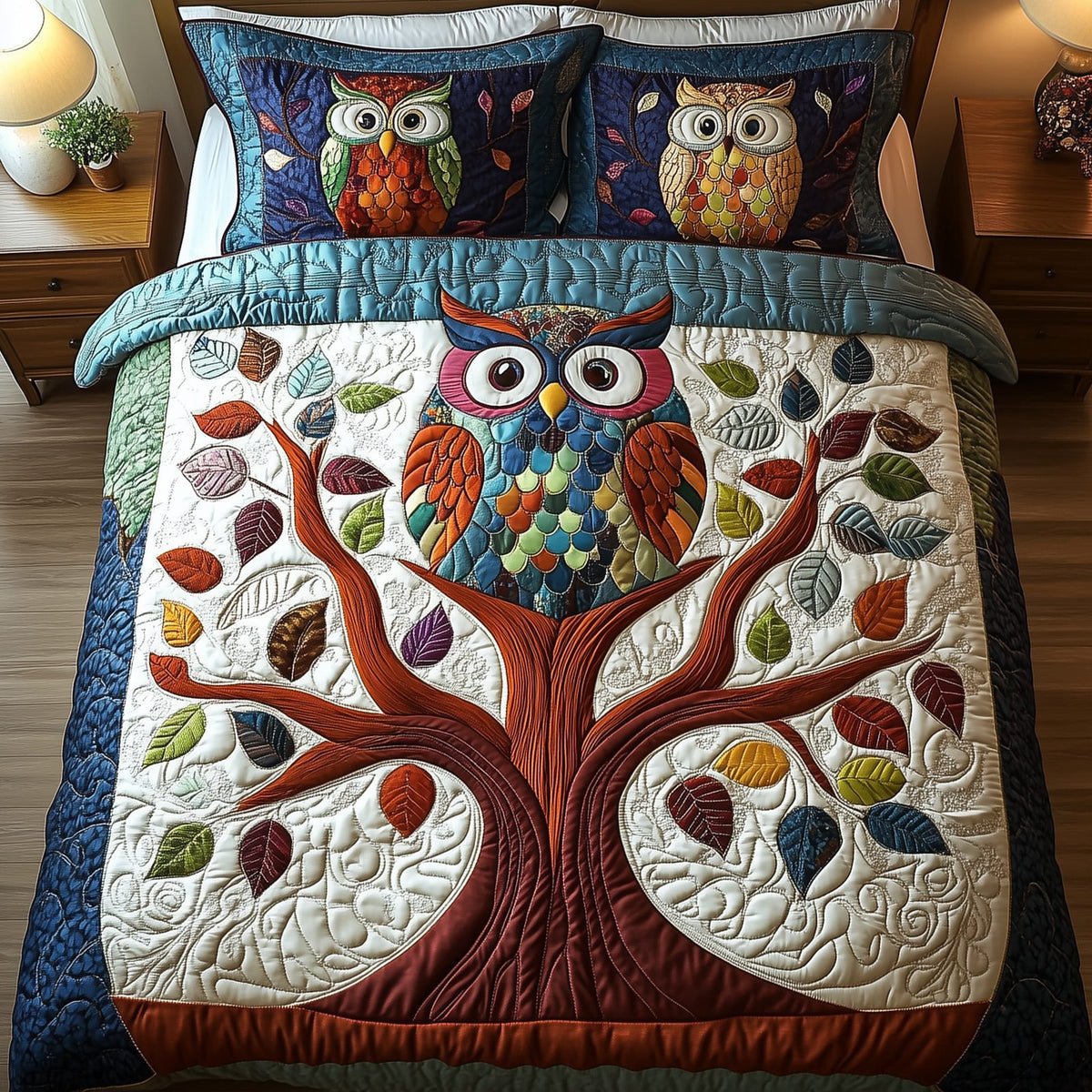 The Owlchemy quilted 3-piece bedding set on a made bed with two matching pillow shams