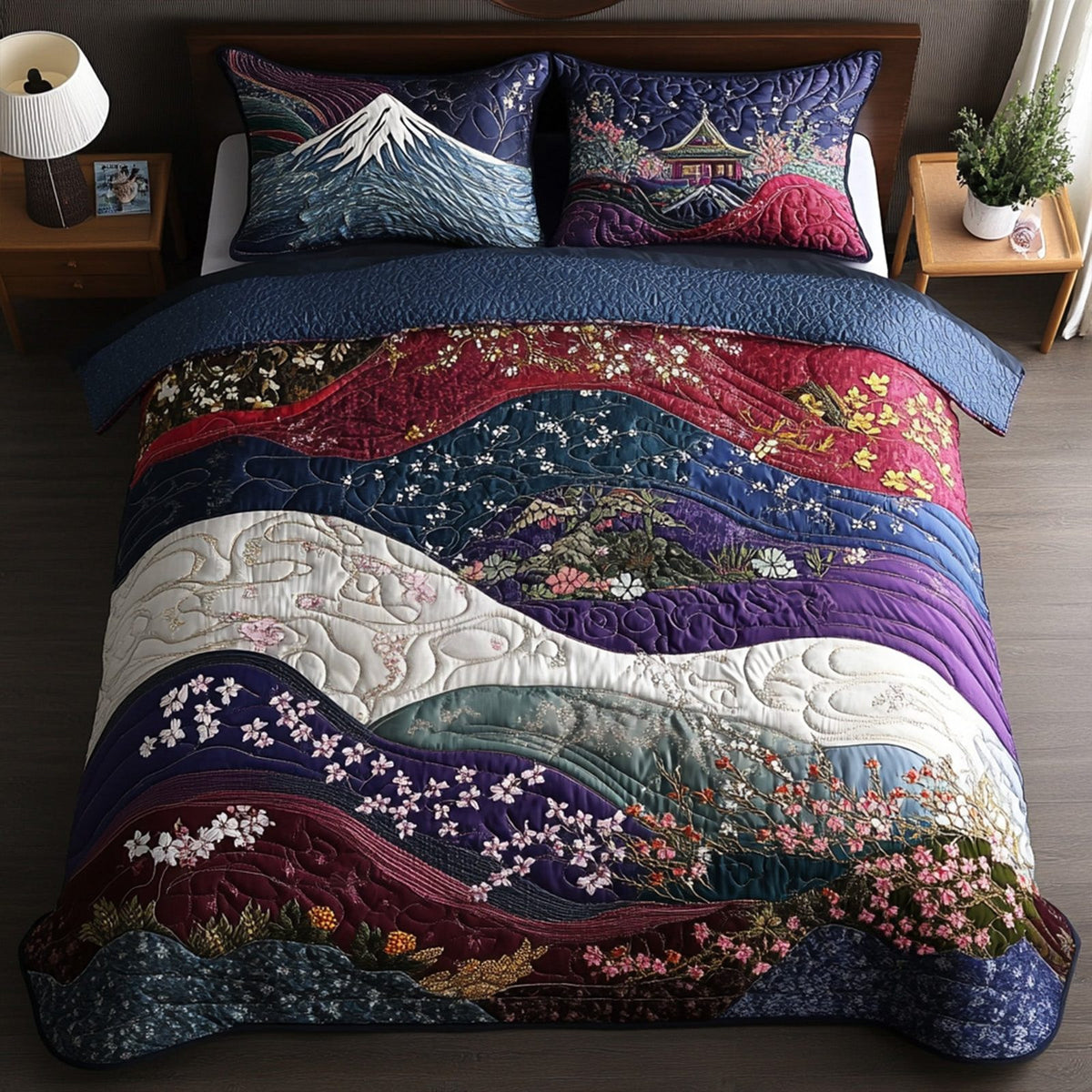 The Pagoda Garden quilted 3-piece bedding set on a made bed with two matching pillow shams