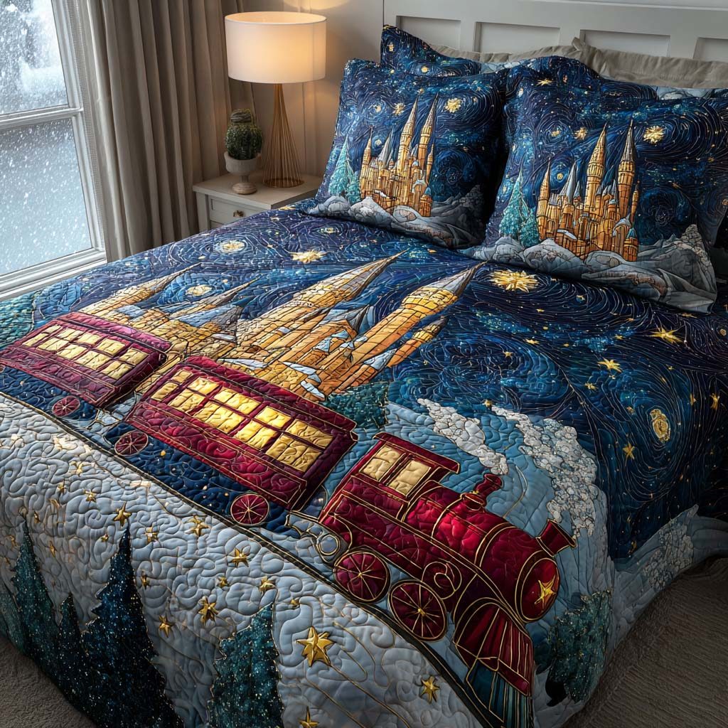 The Polar Journey quilted 3-piece bedding set on a made bed with two matching pillow shams