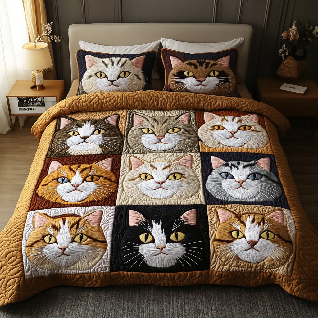 The Purring Palette quilted 3-piece bedding set on a made bed with two matching pillow shams