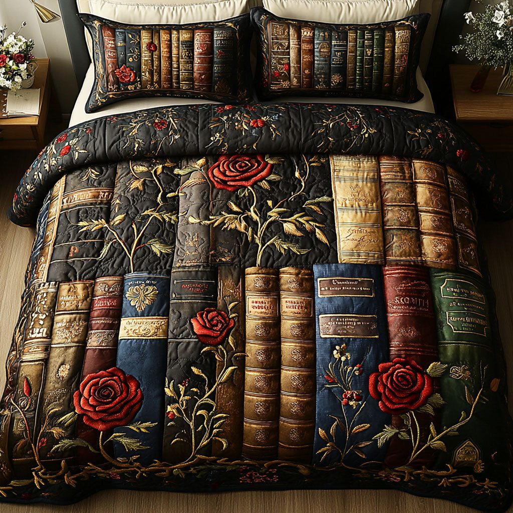 The Reading Nook quilted 3-piece bedding set on a made bed with two matching pillow shams
