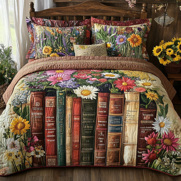 The Reading Retreat quilted 3-piece bedding set on a made bed with two matching pillow shams
