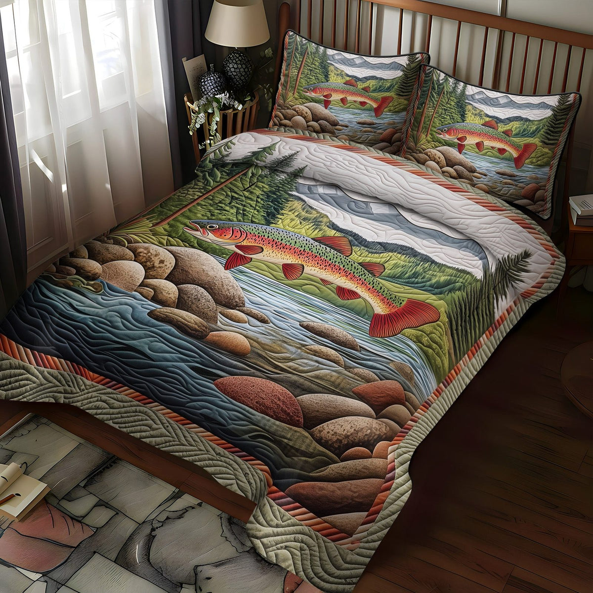 The River Run quilted 3-piece bedding set on a made bed with two matching pillow shams