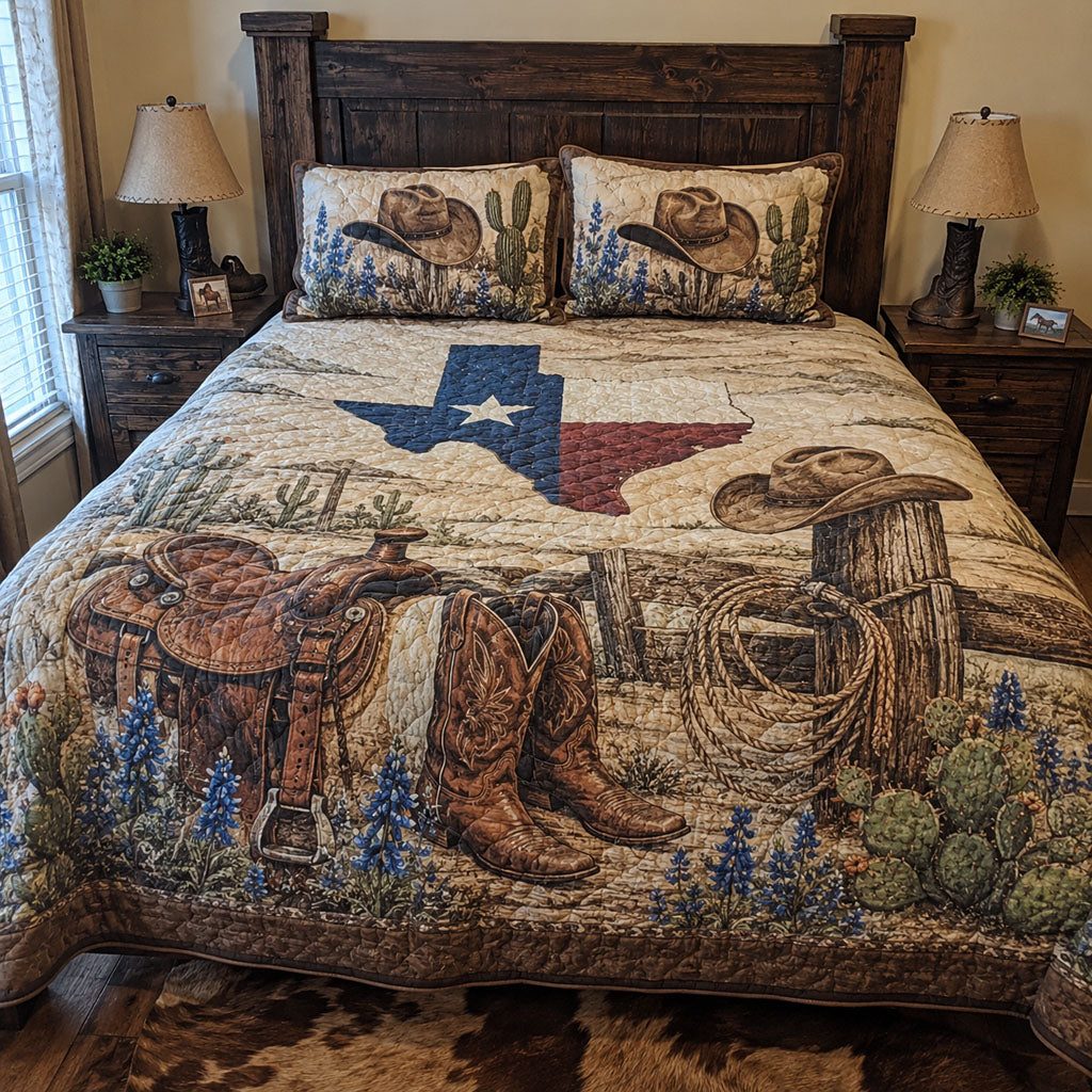 The Rustic Rodeo quilted 3-piece bedding set on a made bed in a rustic timber bedroom