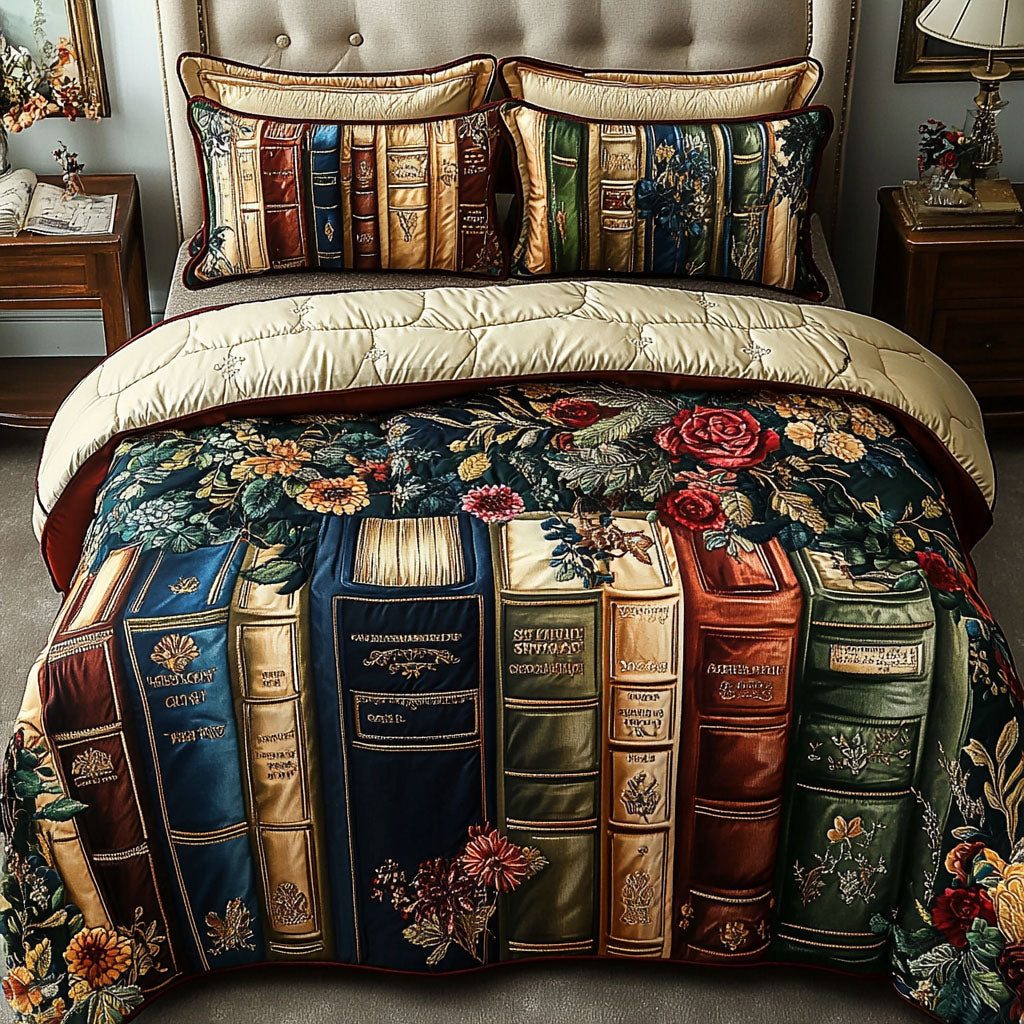 The Scholars Sanctuary quilted 3-piece bedding set on a made bed with two matching pillow shams