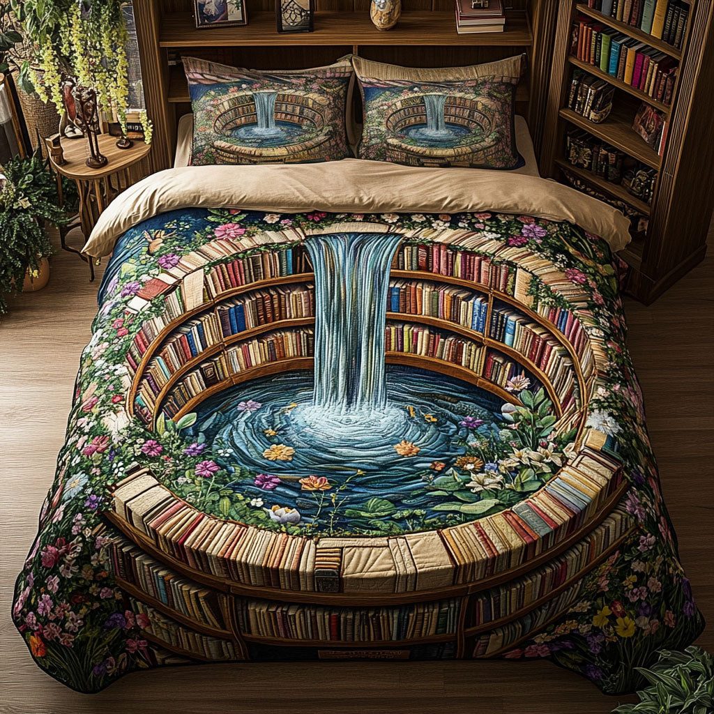 The Secret Shelves quilted 3-piece bedding set on a made bed with two matching pillow shams