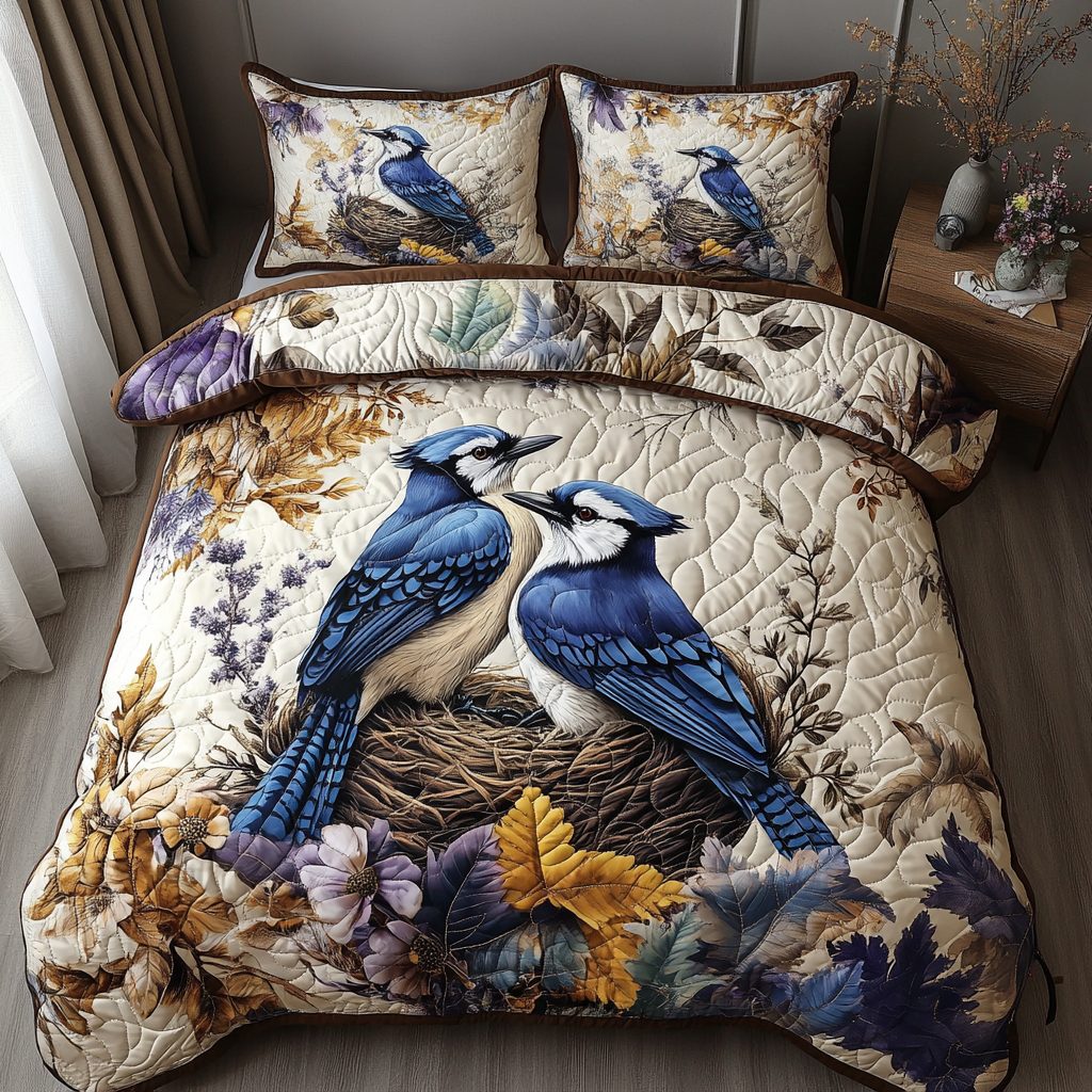 The Singing Jays quilted 3-piece bedding set on a made bed with two matching pillow shams