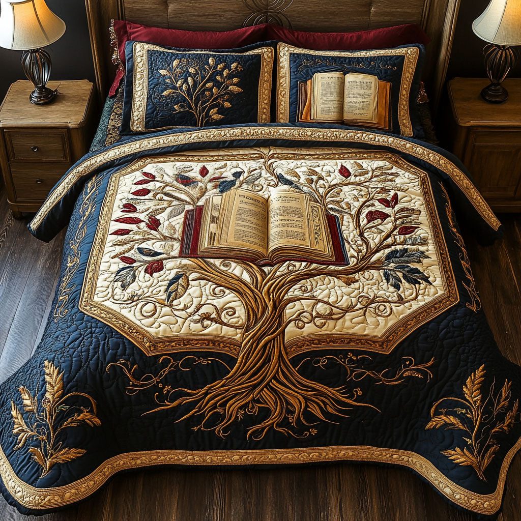 The Storytellers Canopy quilted 3-piece bedding set on a made bed with two matching pillow shams