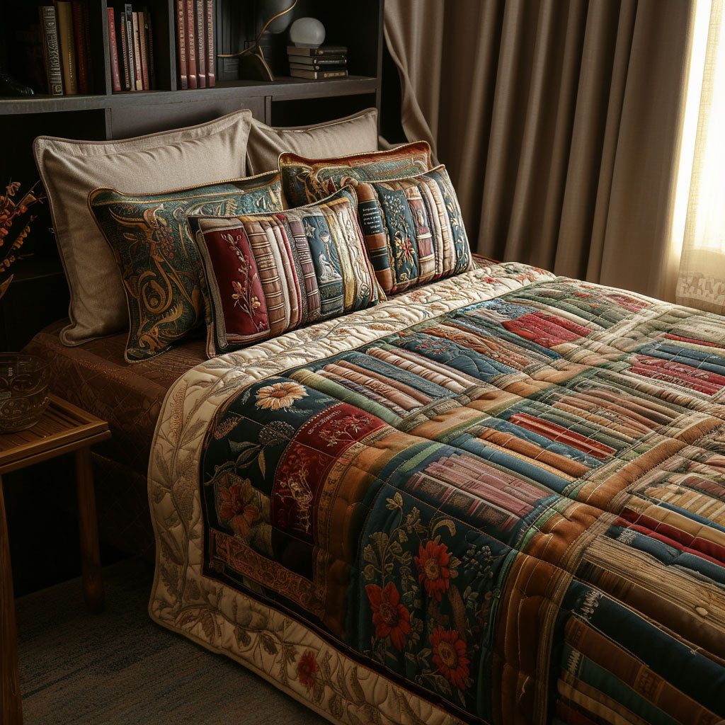 The Storytellers Retreat quilted 3-piece bedding set on a made bed with two matching pillow shams