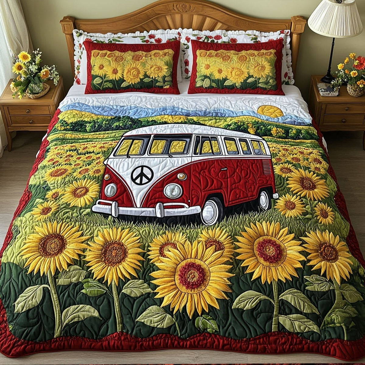 The Sunflower Journey quilted 3-piece bedding set on a made bed with two matching pillow shams