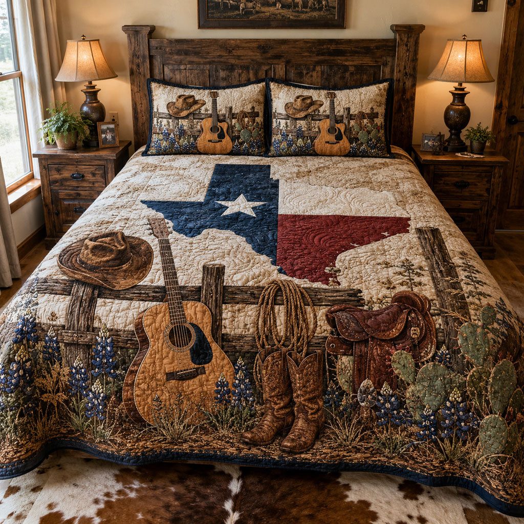The Texas We Call Home quilted 3-piece bedding set on a made bed in a rustic timber bedroom