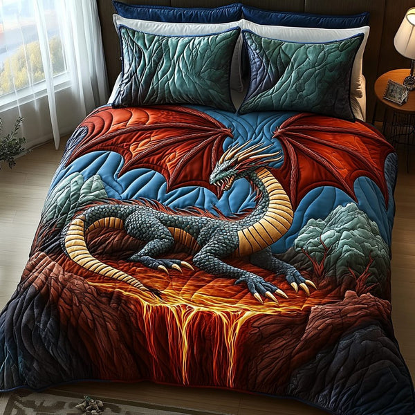 The Winged Myth quilted 3-piece bedding set on a made bed with two matching pillow shams