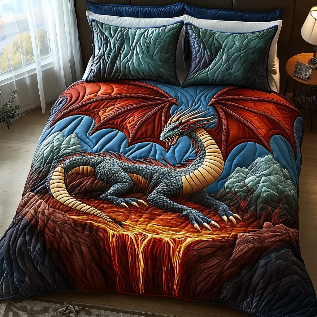 The Winged Myth quilted 3-piece bedding set on a made bed with two matching pillow shams