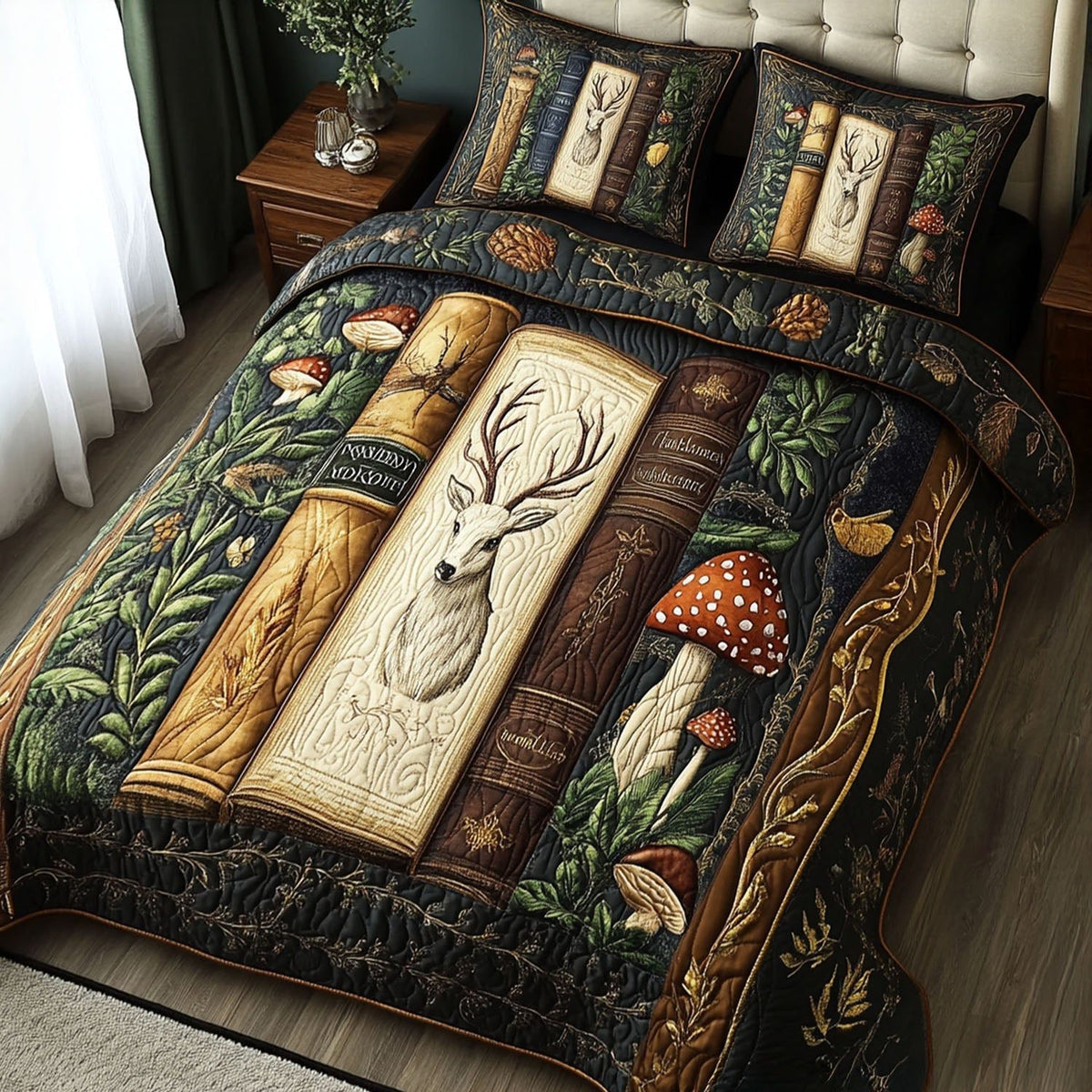 The Written World quilted 3-piece bedding set on a made bed with two matching pillow shams