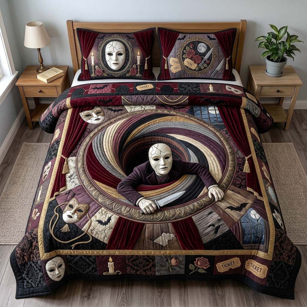 Theater Mask Vortex quilted 3-piece bedding set on a made bed with two matching pillow shams