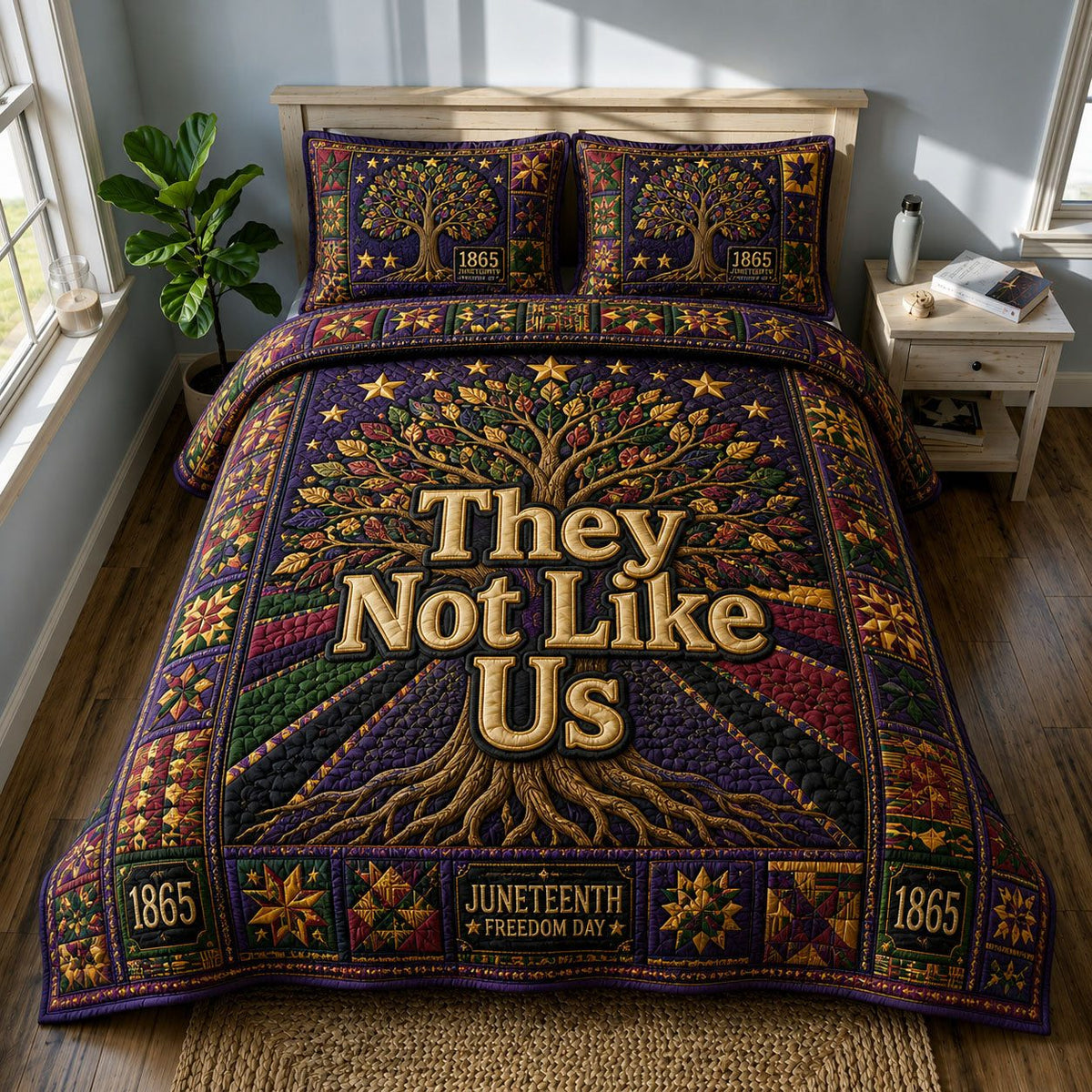 They Not Like Us Freedom Tree Juneteenth quilted 3-piece bedding set on a made bed in a warmly lit bedroom