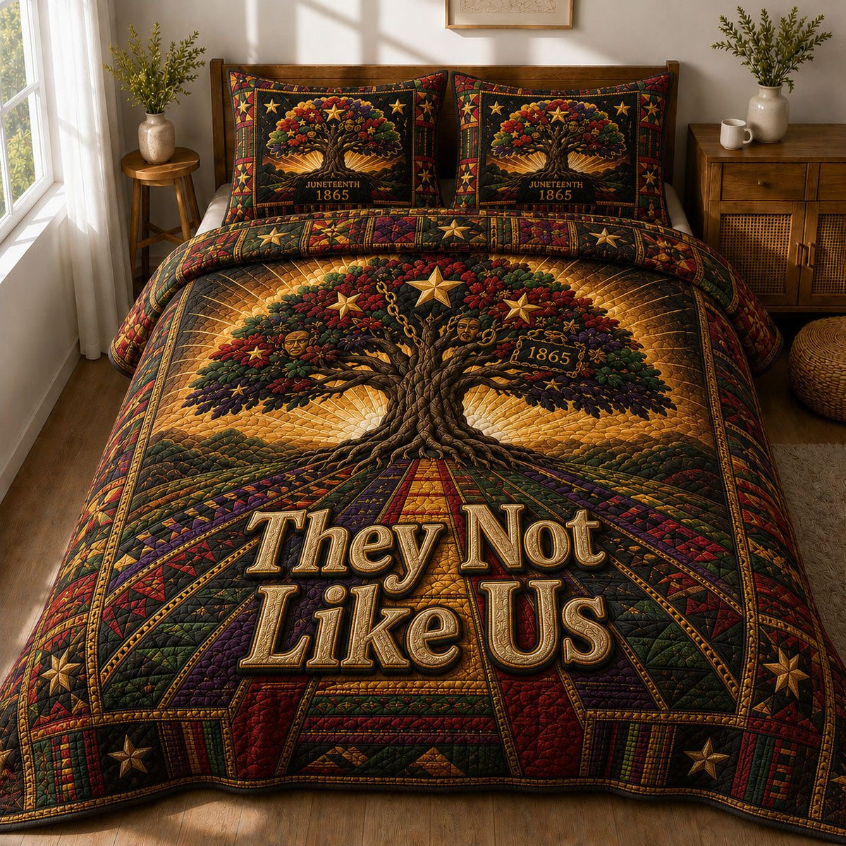 They Not Like Us Heritage Tree Juneteenth quilted 3-piece bedding set on a made bed in a warmly lit bedroom