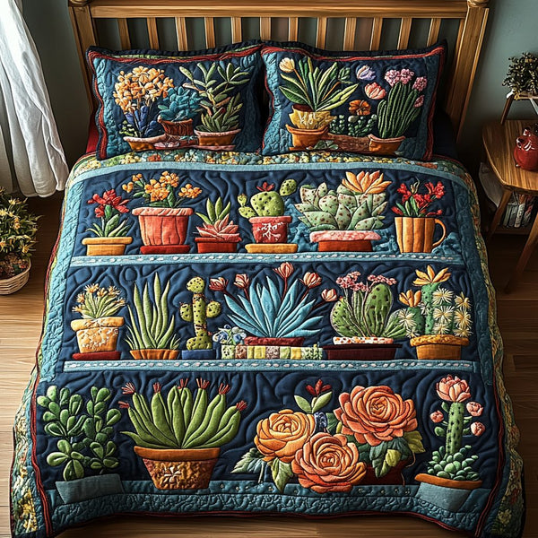 Thorn Tendril quilted 3-piece bedding set on a made bed with two matching pillow shams