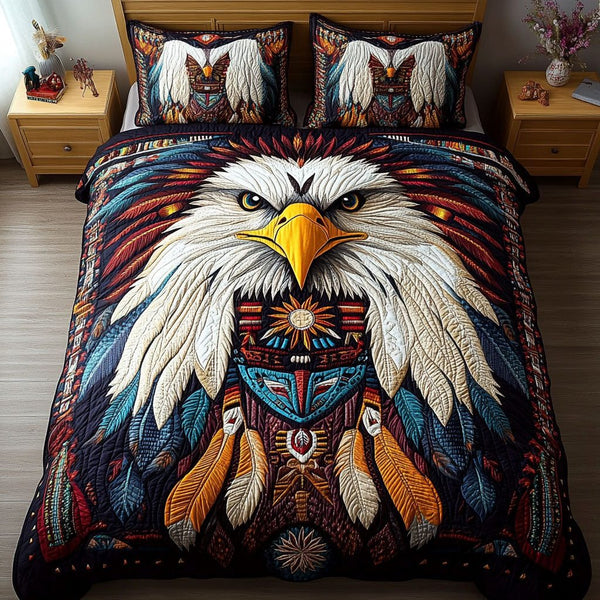 Thunder and Wings quilted 3-piece bedding set on a made bed with two matching pillow shams