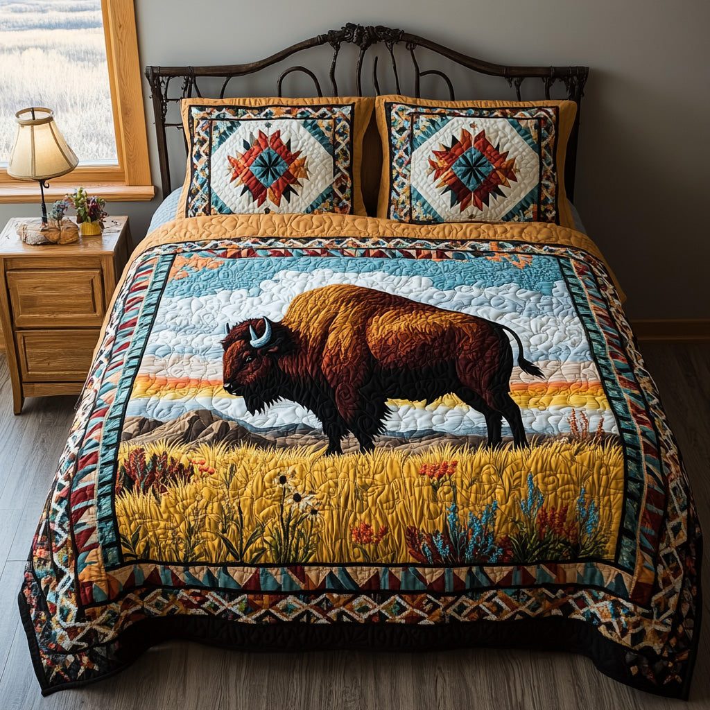 Thunder Plains quilted 3-piece bedding set on a made bed with two matching pillow shams