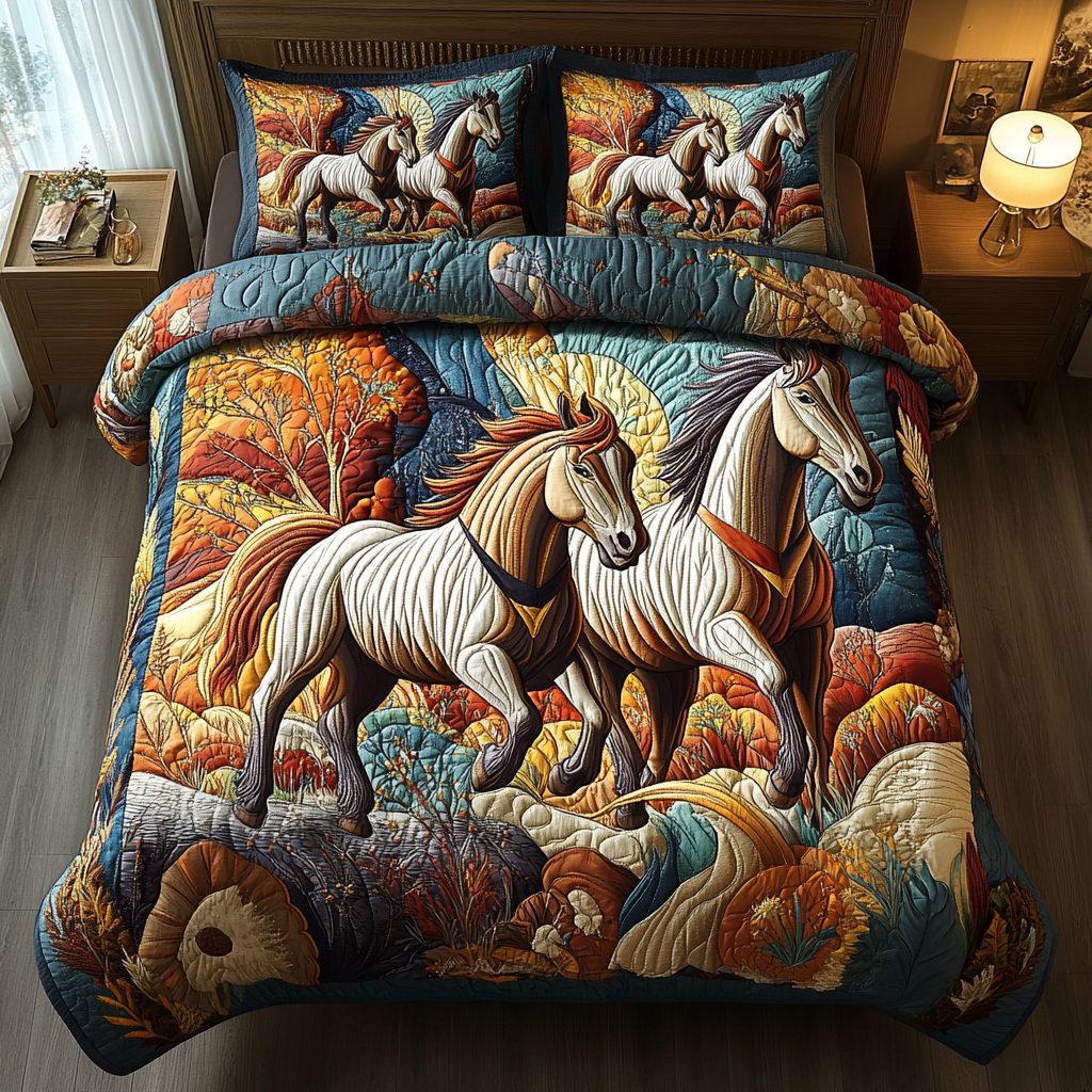 Thunder Stallion quilted 3-piece bedding set on a made bed in a rustic timber bedroom