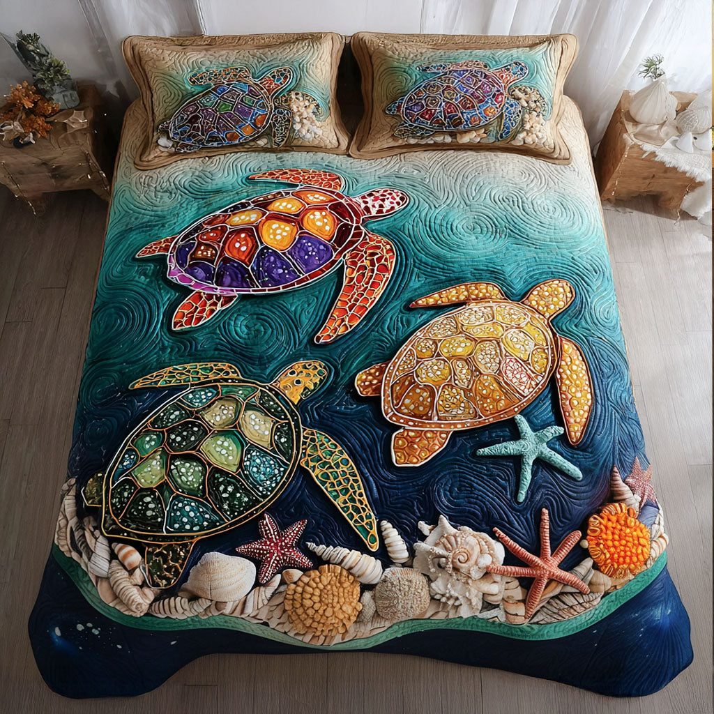 Tidal Colors quilted 3-piece bedding set on a made bed with two matching pillow shams