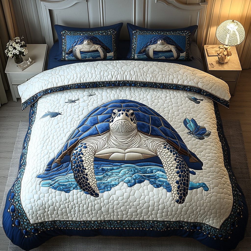 Tidal Drifter quilted 3-piece bedding set on a made bed with two matching pillow shams