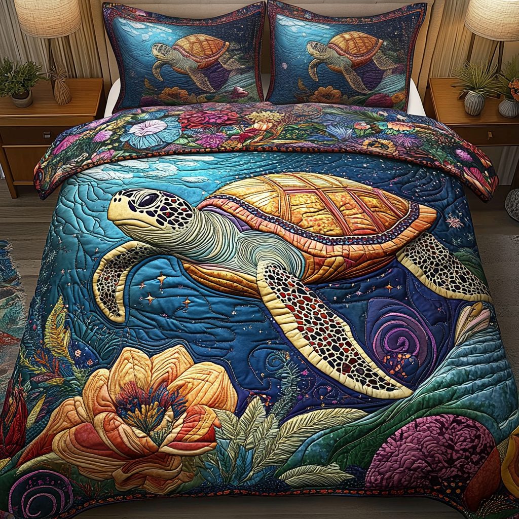 Tidal Glide quilted 3-piece bedding set on a made bed with two matching pillow shams