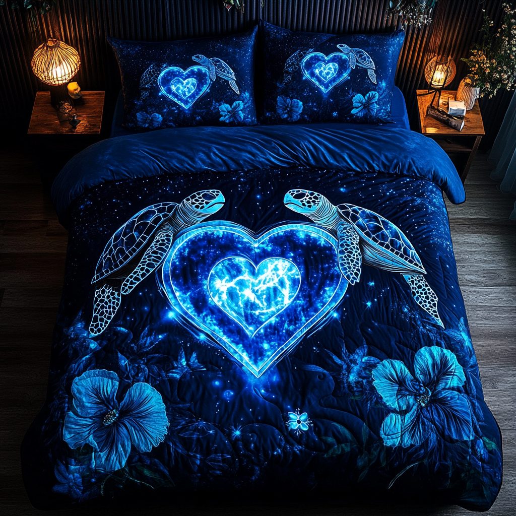 Tidal Grace quilted 3-piece bedding set on a made bed with two matching pillow shams