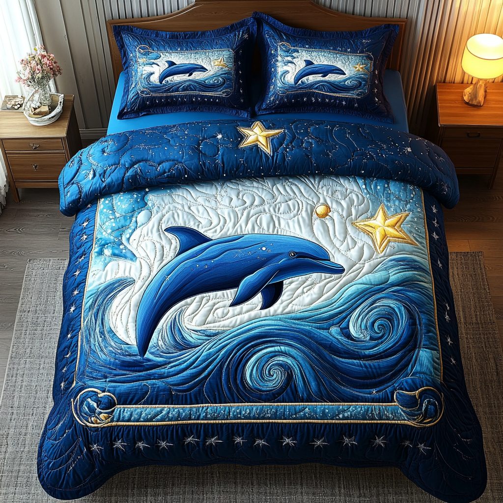 Tidal Grace quilted 3-piece bedding set on a made bed with two matching pillow shams