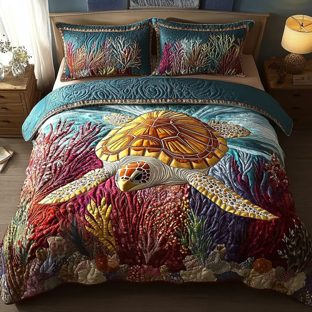 Tidal Grace quilted 3-piece bedding set on a made bed with two matching pillow shams