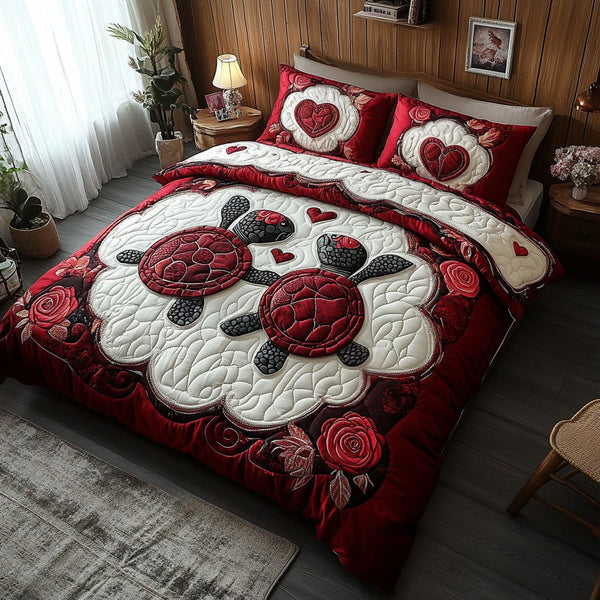 Tidal Love quilted 3-piece bedding set on a made bed with two matching pillow shams