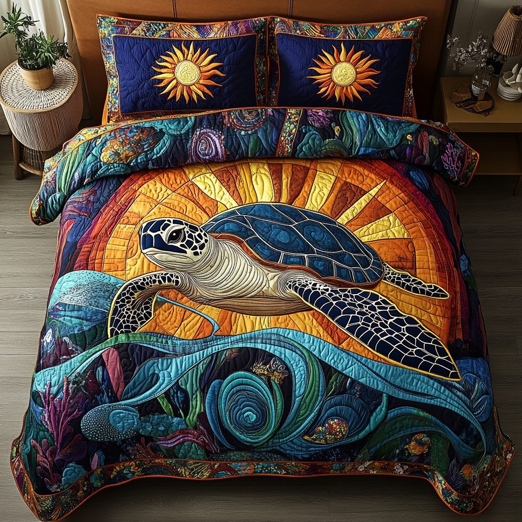Tidal Wanderer quilted 3-piece bedding set on a made bed with two matching pillow shams
