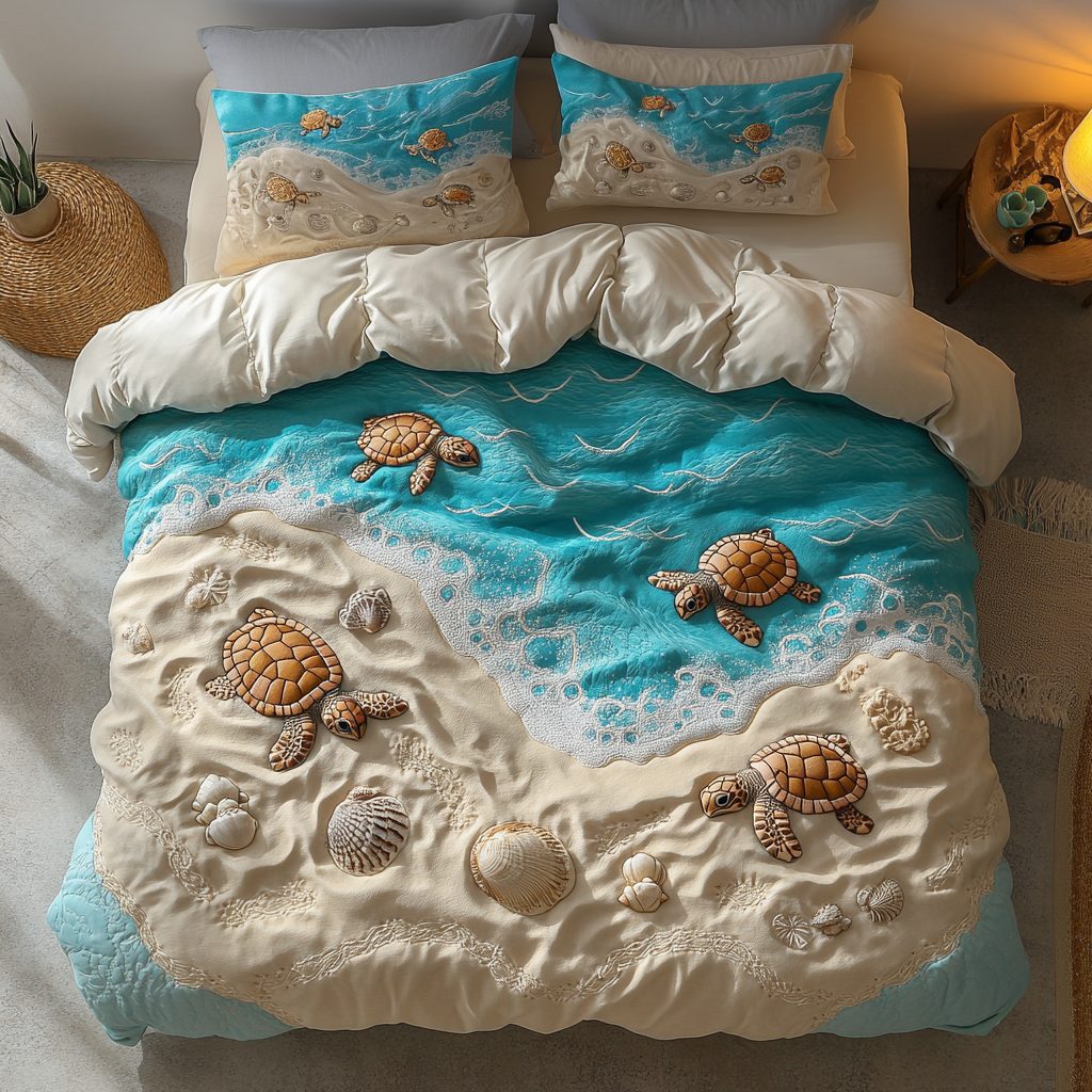 Tidal Wanderer quilted 3-piece bedding set on a made bed with two matching pillow shams
