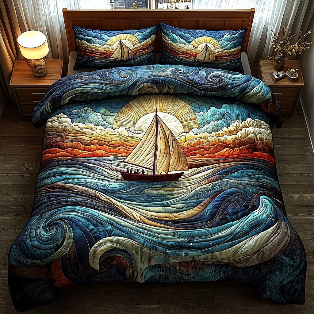 Tide Timber quilted 3-piece bedding set on a made bed in a light coastal bedroom