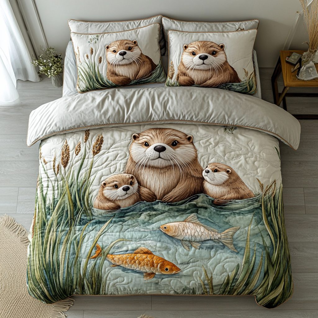 Tidepool Friends quilted 3-piece bedding set on a made bed with two matching pillow shams