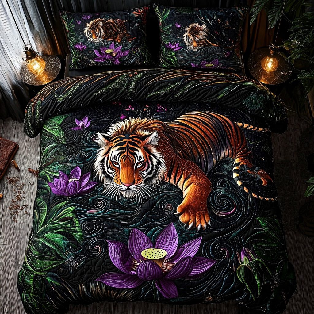 Tiger Majesty quilted 3-piece bedding set on a made bed with two matching pillow shams