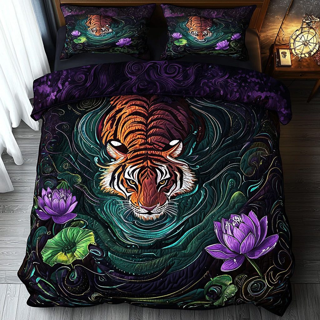 Tiger Mystic Whisper quilted 3-piece bedding set on a made bed with two matching pillow shams